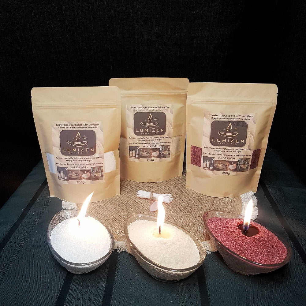 Lumizen candle sand burning with 3 colors showcasing its decorative potential