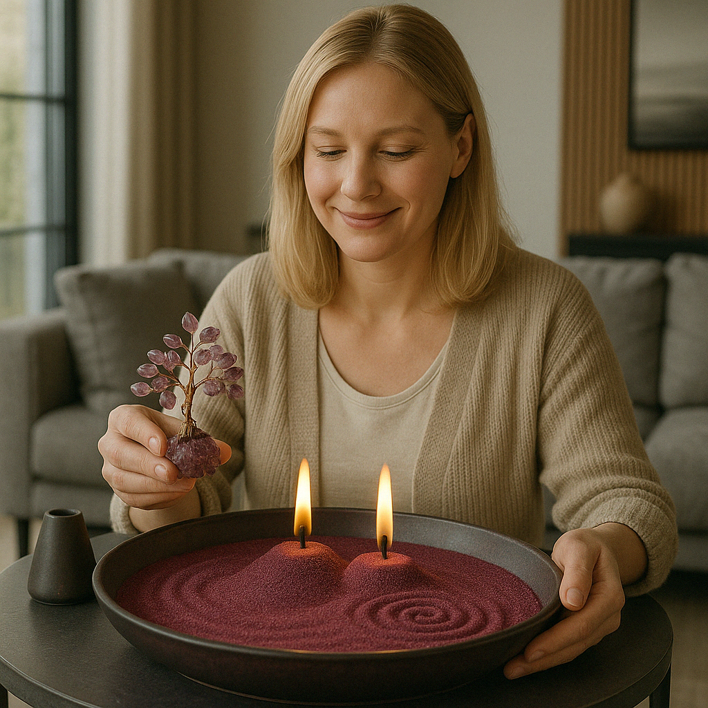 Lady enjoying LumiZen Candle sand placing her crystal tree