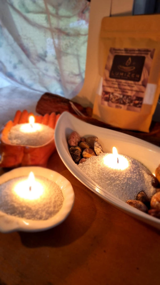 burning Lumizen Candle sand Burning in custom dish Home Decor