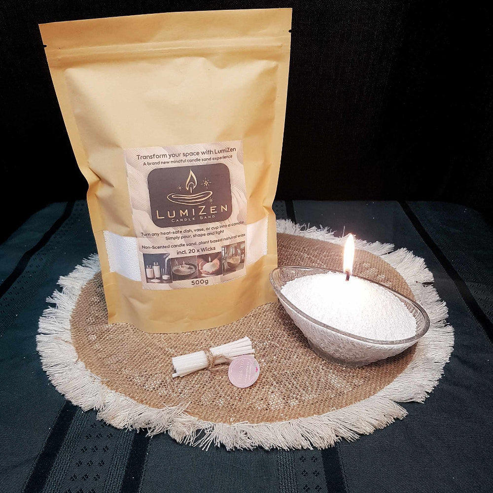 Lumizen candle sand displayed with candle sand in glass jar burning 