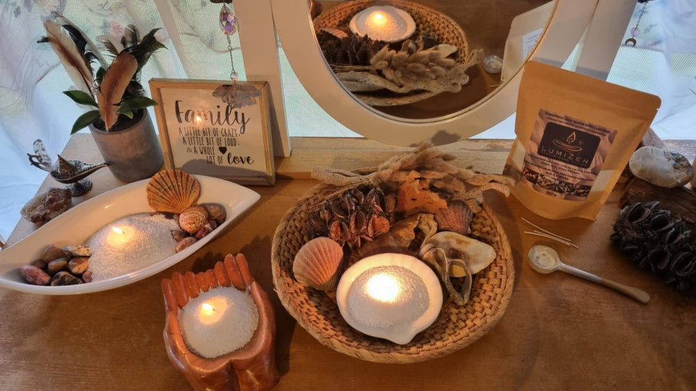 Lumizen candle sand in a center piece with sea shell and other decorative elements creating a relaxing ambience, decorative  