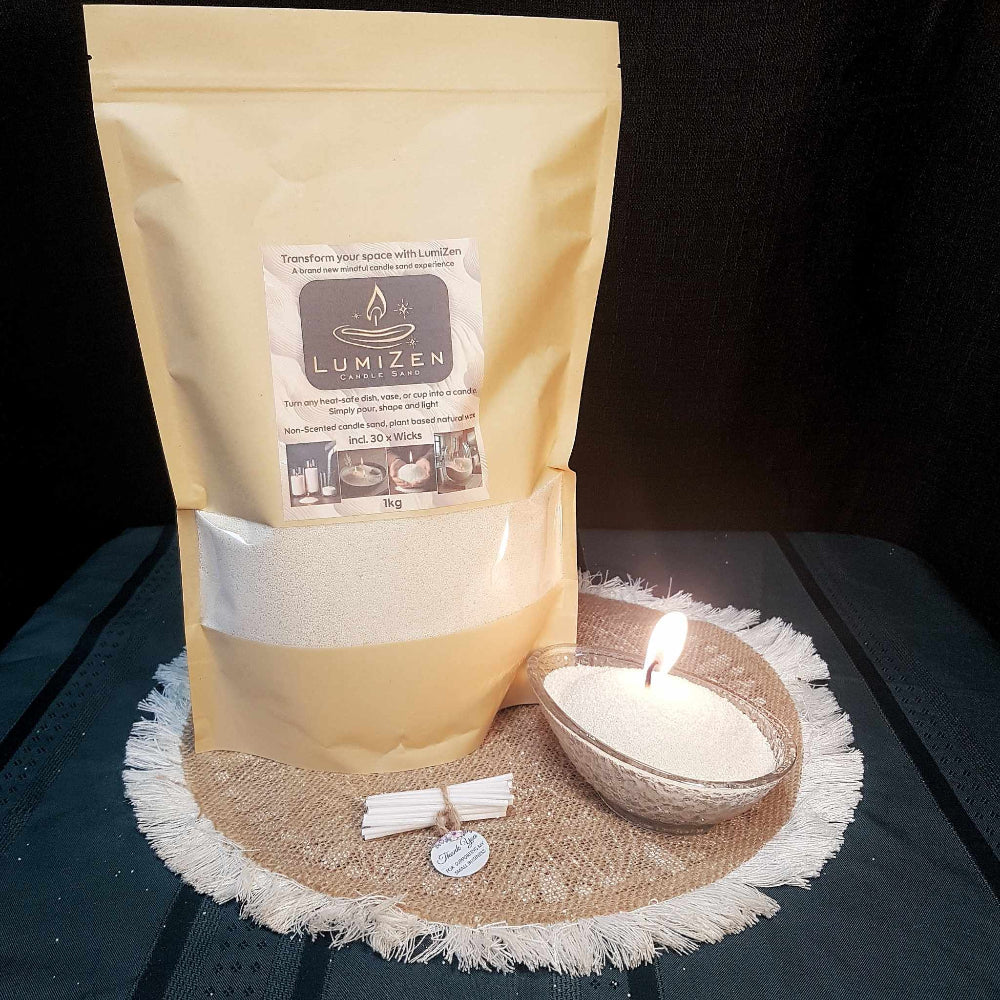 Lumizen candle sand nude_1kg with displayed burning setup