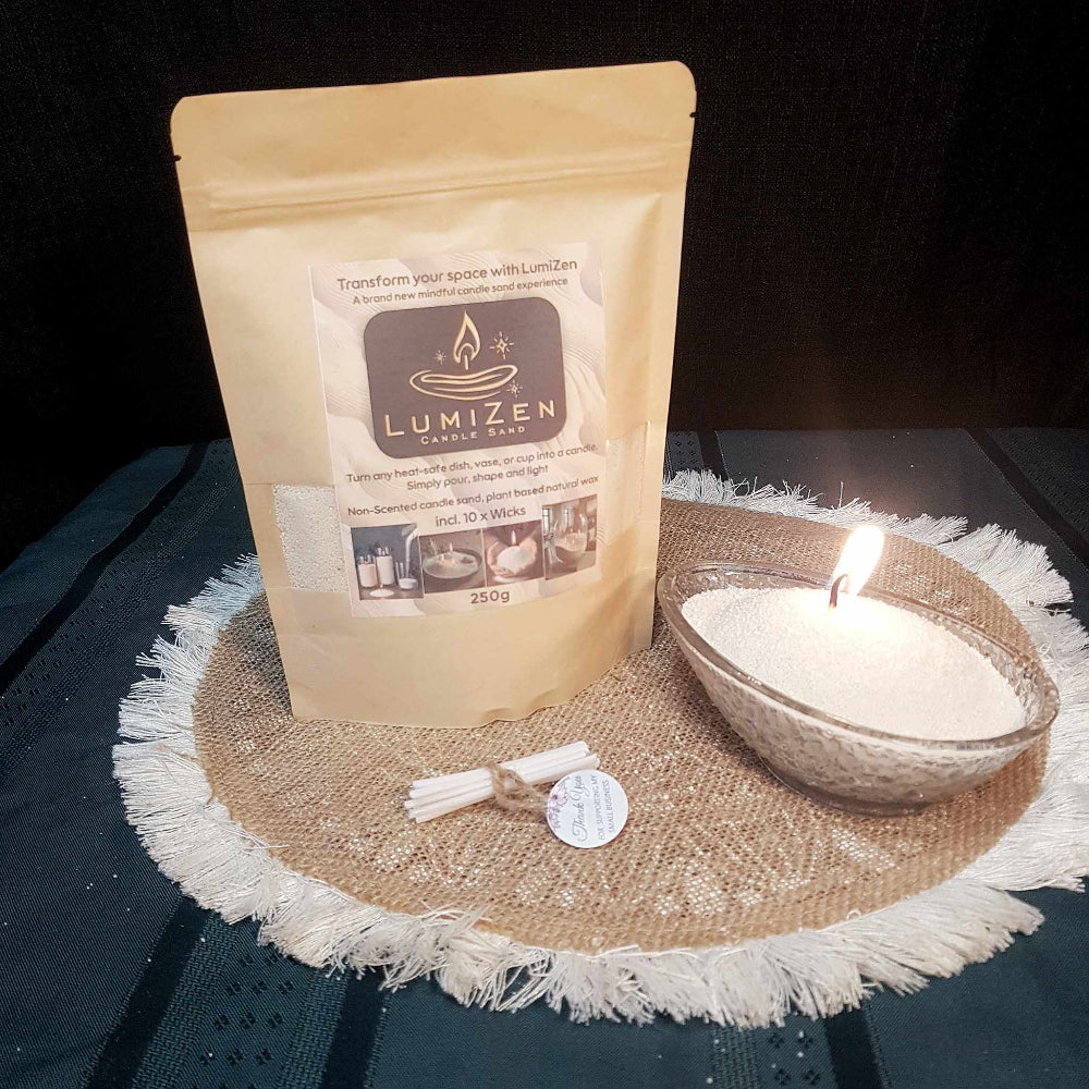 Lumizen candle sand nude_250g with displayed burning setup