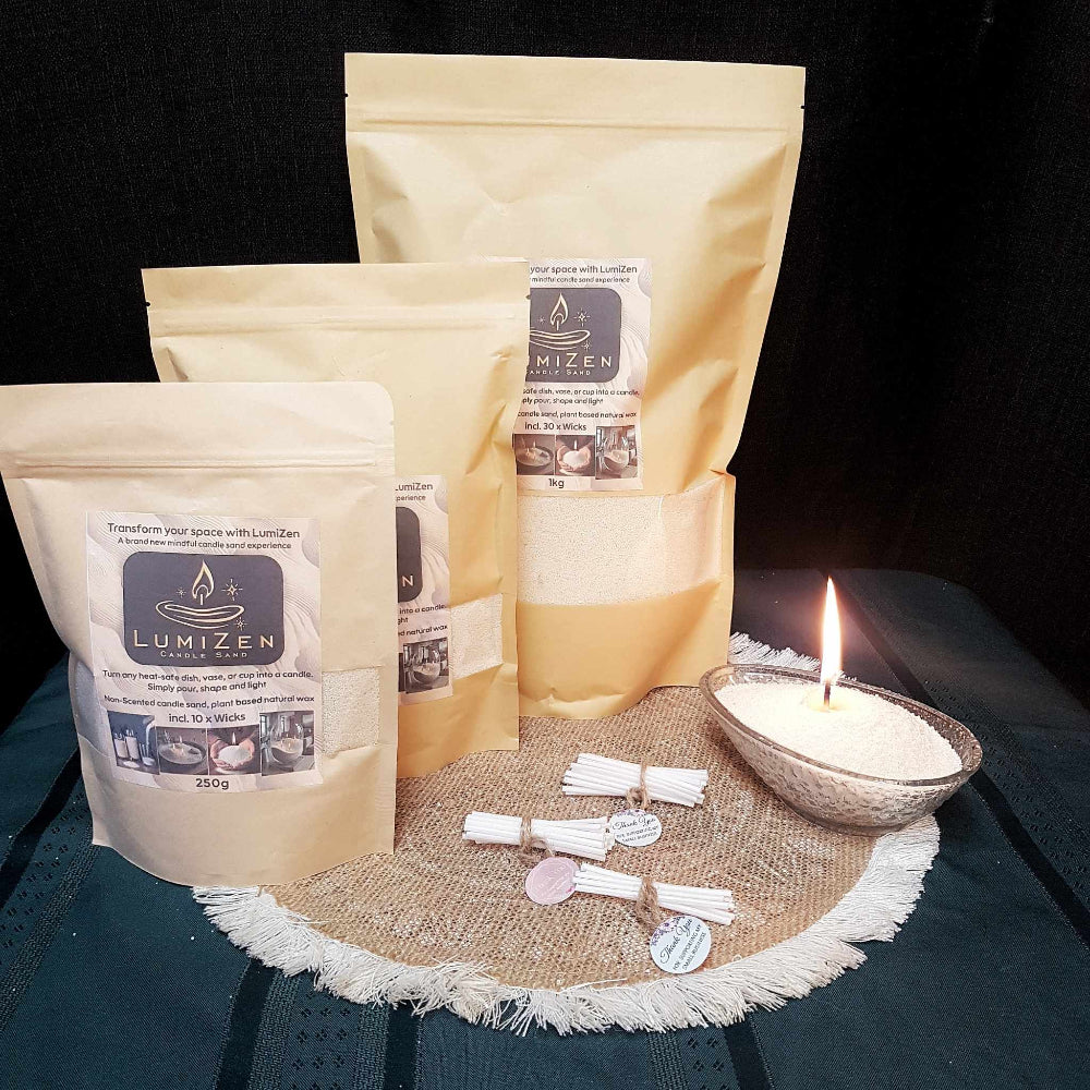Lumizen candle sand all sizes showing wick bundles and burning display candle